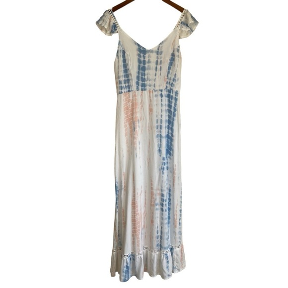 JAPNA Tie Dye Smocked Crochet Maxi Dress Ruffled Cap Sleeves White/Blue/Pink M - Picture 1 of 15